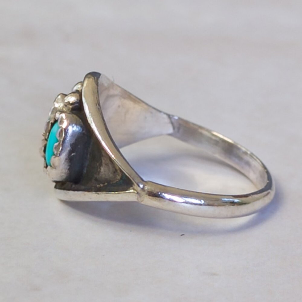 Sterling Silver Turquoise Trio Ring, Sz 5.25 — Southwest serrated bezel - Picture 3 of 13
